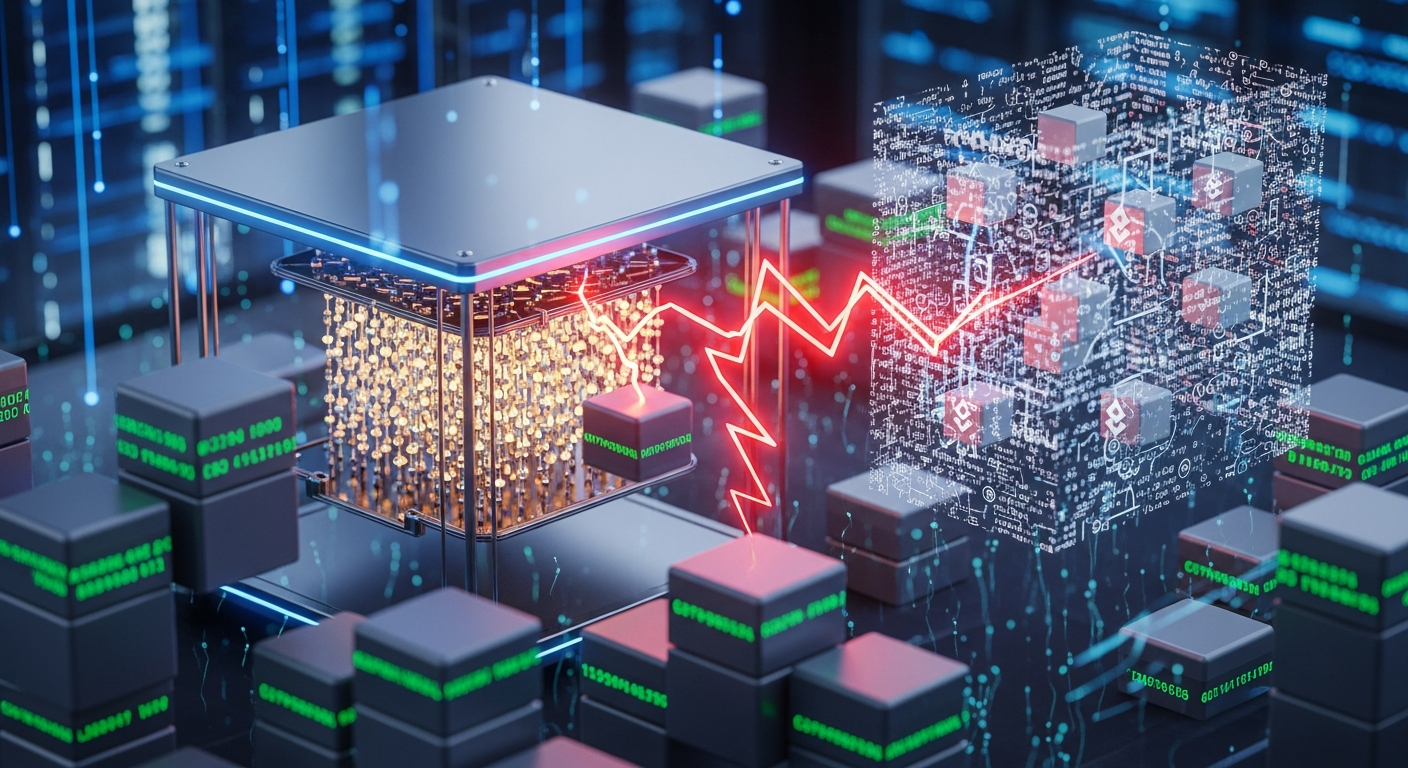 블록체인과 양자컴퓨터 위협 및 양자내성암호 방어를 시각화한 이미지