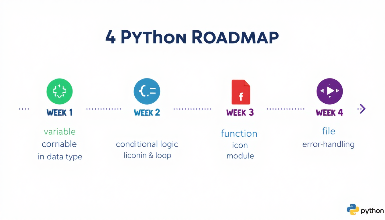 초보자를 위한 4주 완성 파이썬 학습 로드맵의 주요 주제를 아이콘과 함께 보여주는 인포그래픽
