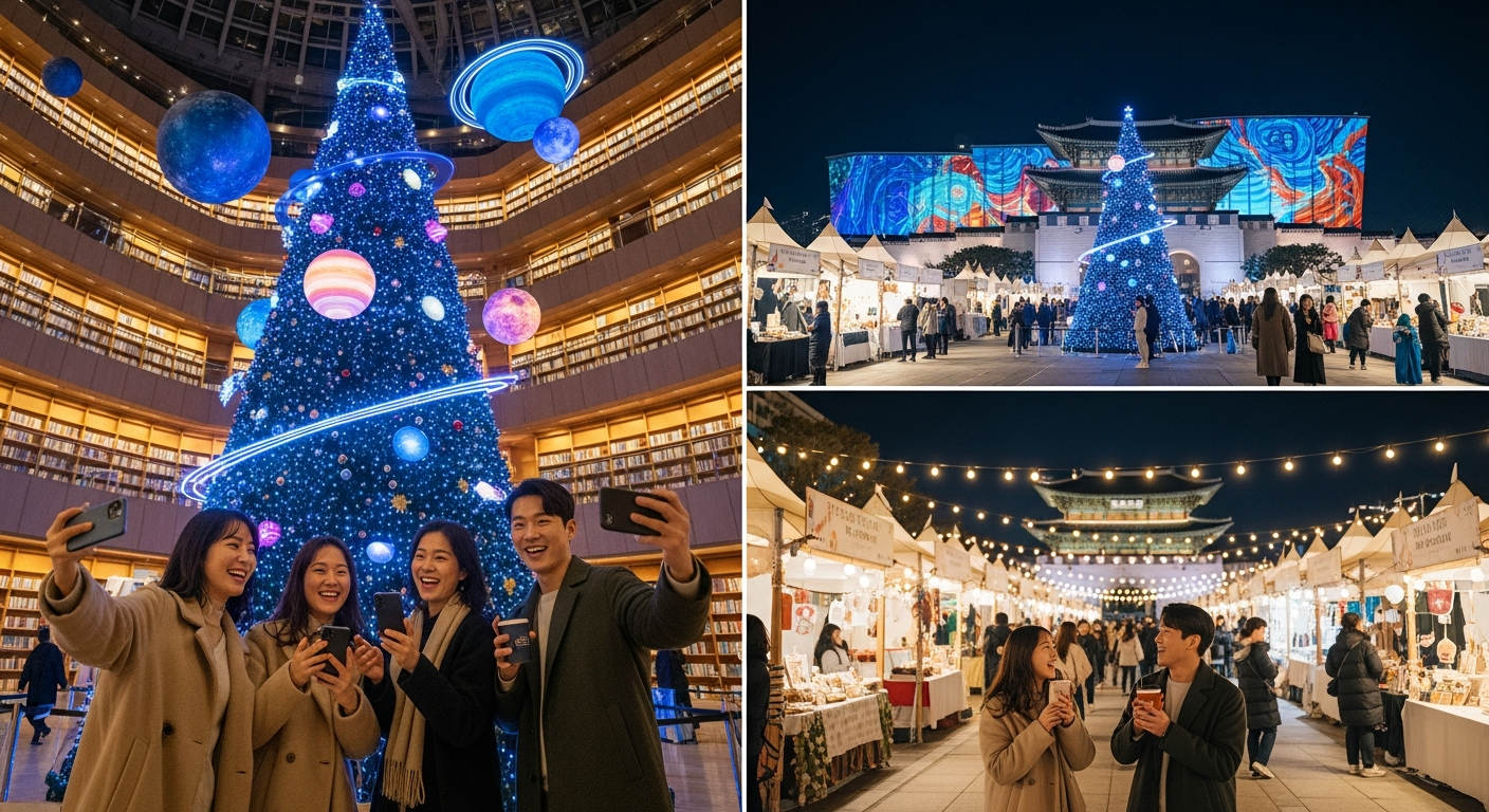 코엑스 별마당 도서관 대형 트리와 광화문광장 마켓, 서울라이트 미디어 아트를 배경으로 친구들이 사진 찍는 모습