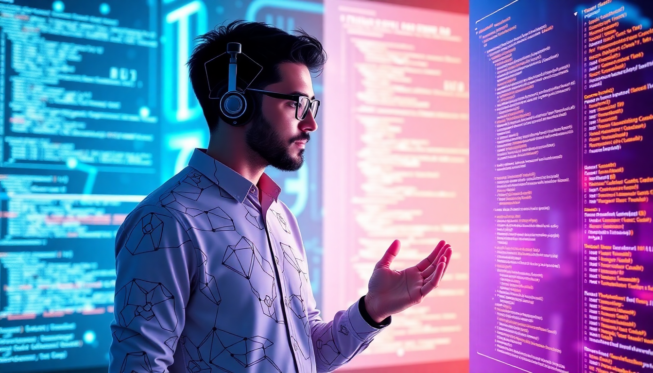 다중 모달 개발 환경과 바이브 코딩의 미래 기술 발전을 설명하는 첨단 이미지