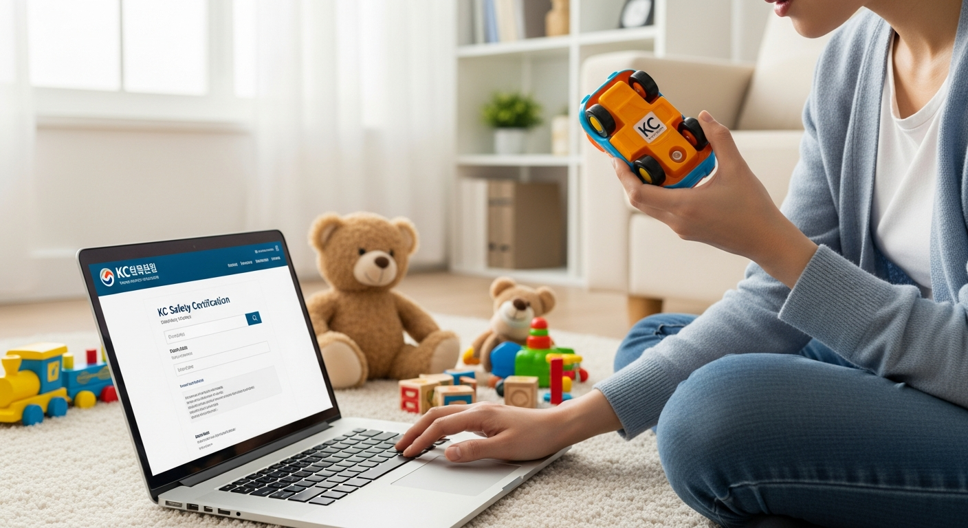 부모가 어린이 완구의 KC 인증마크를 확인하고 인증 정보를 온라인으로 조회하는 장면
