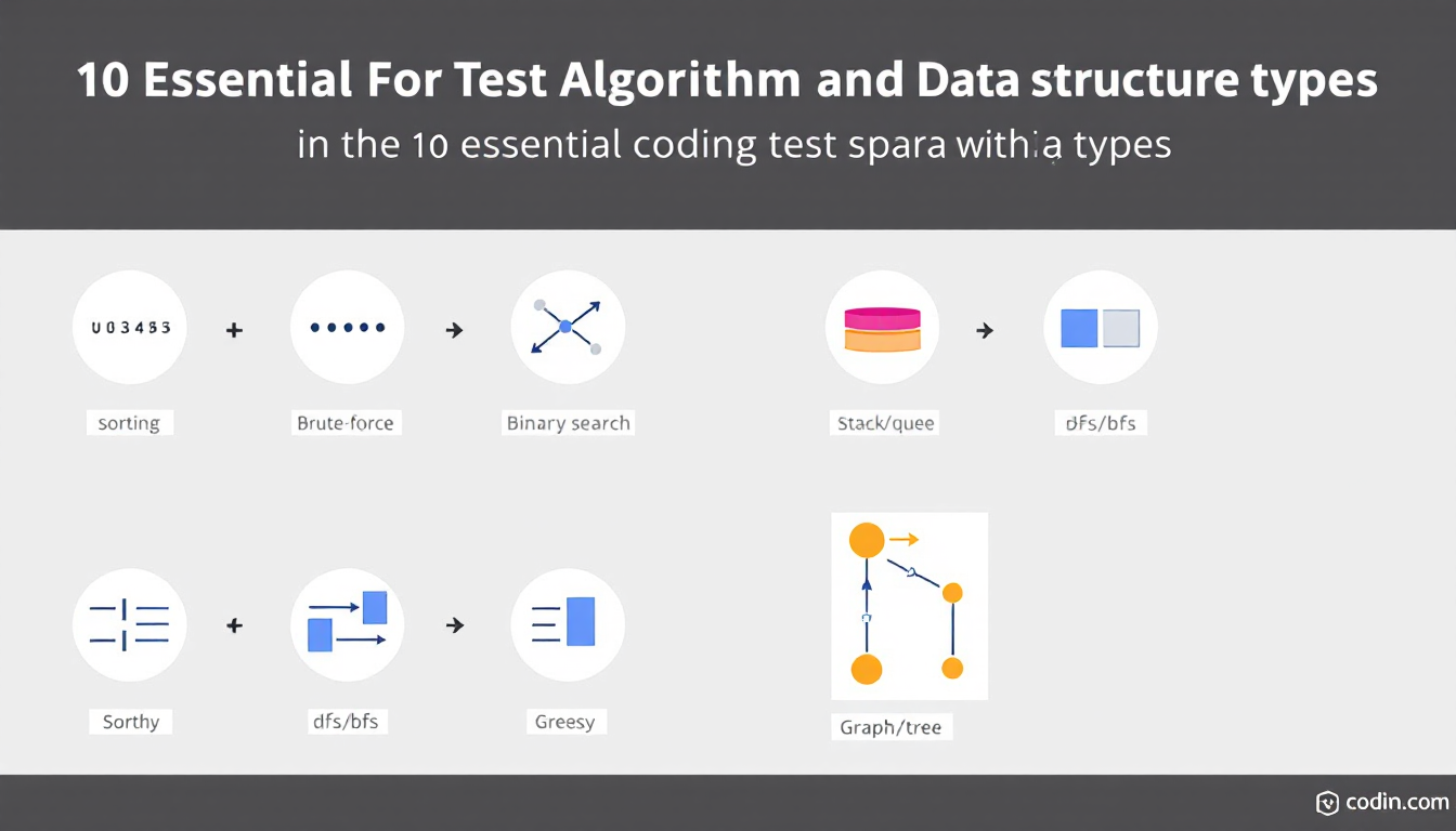 코딩 테스트 필수 알고리즘 및 자료구조 10가지를 아이콘과 함께 보여주는 인포그래픽 이미지