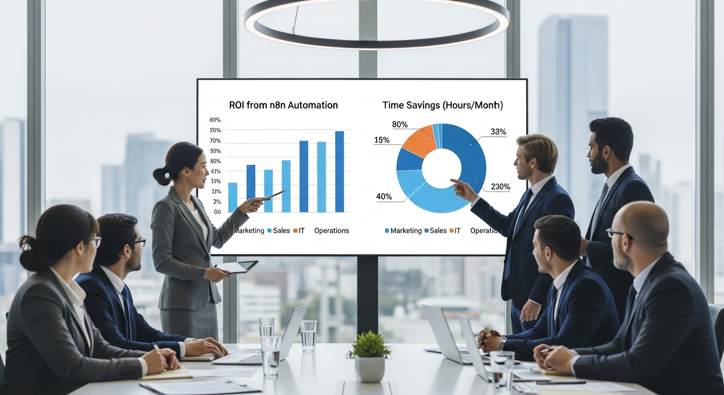 n8n 자동화 도입으로 인한 ROI와 업무 시간 단축 효과를 시각화한 그래프와 비즈니스 미팅 장면