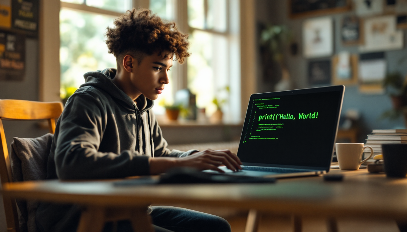 처음으로 print('Hello, World!') 코드를 입력하며 첫 코딩 성공을 응원하는 분위기의 모습
