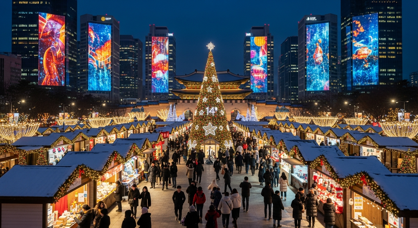 서울 광화문광장에서 미디어 아트와 크리스마스 마켓이 어우러진 겨울 축제 풍경