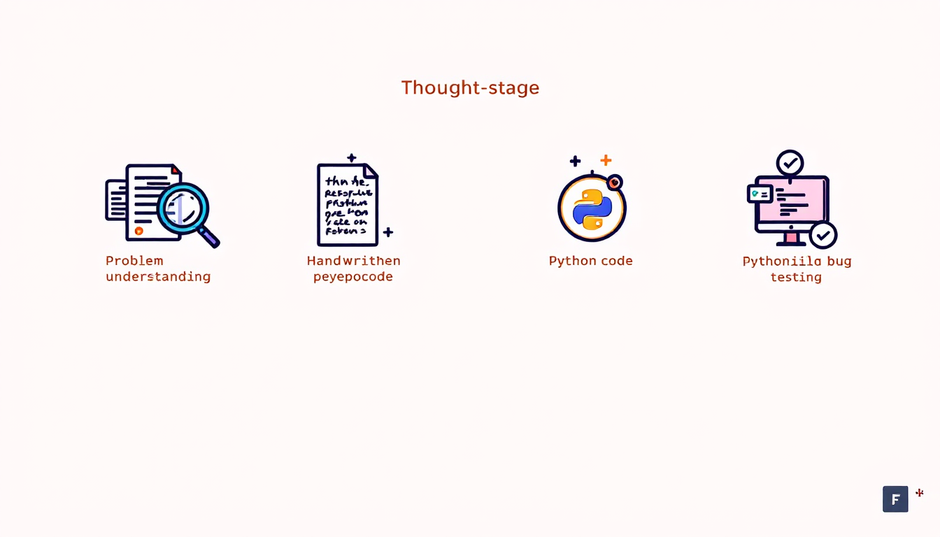 코딩 문제를 푸는 4단계 사고의 흐름을 상징하는 네 단계 아이콘 이미지
