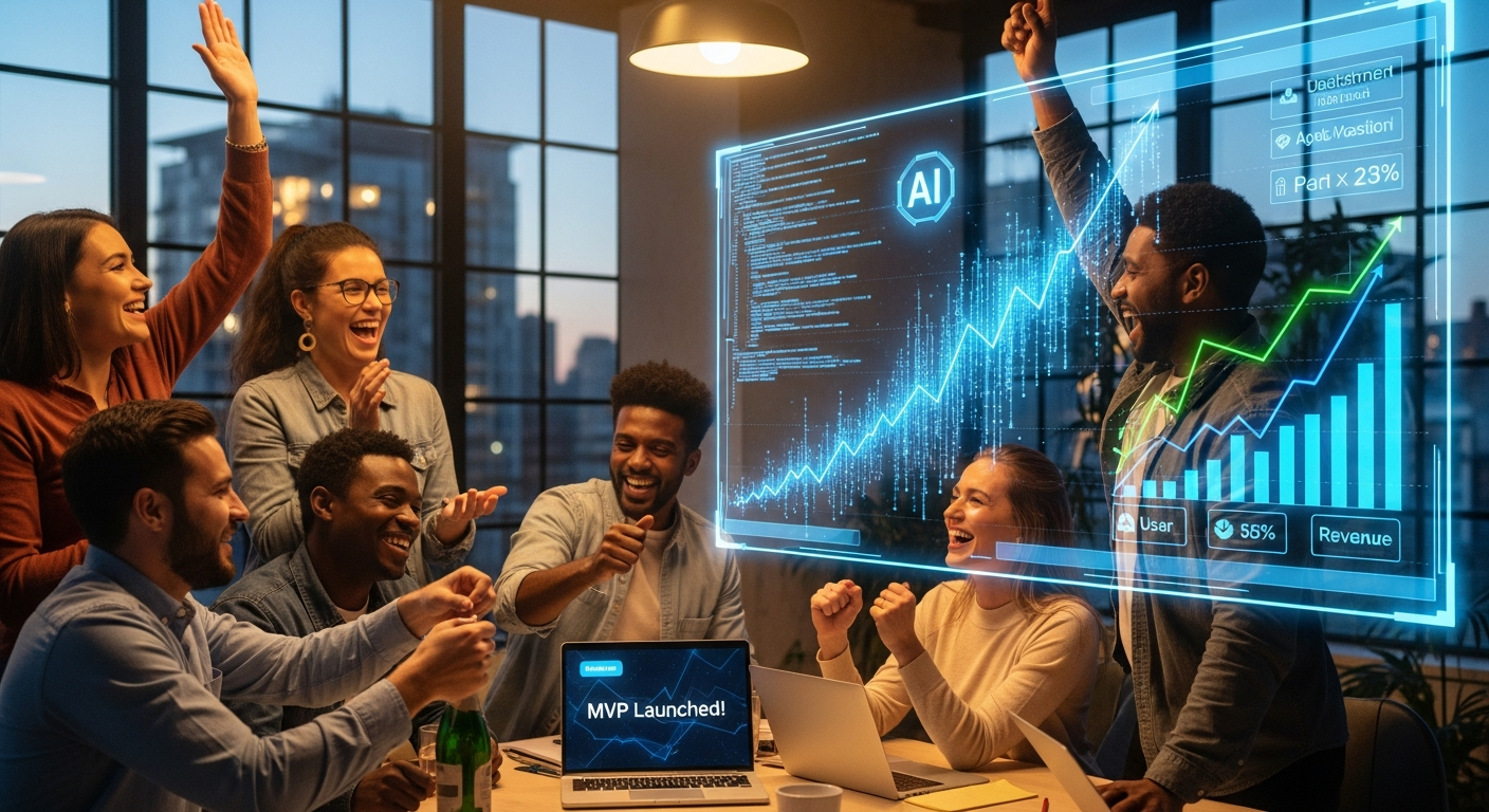 작은 스타트업 팀이 AI 코딩을 활용해 MVP를 성공적으로 출시하고 축하하는 장면