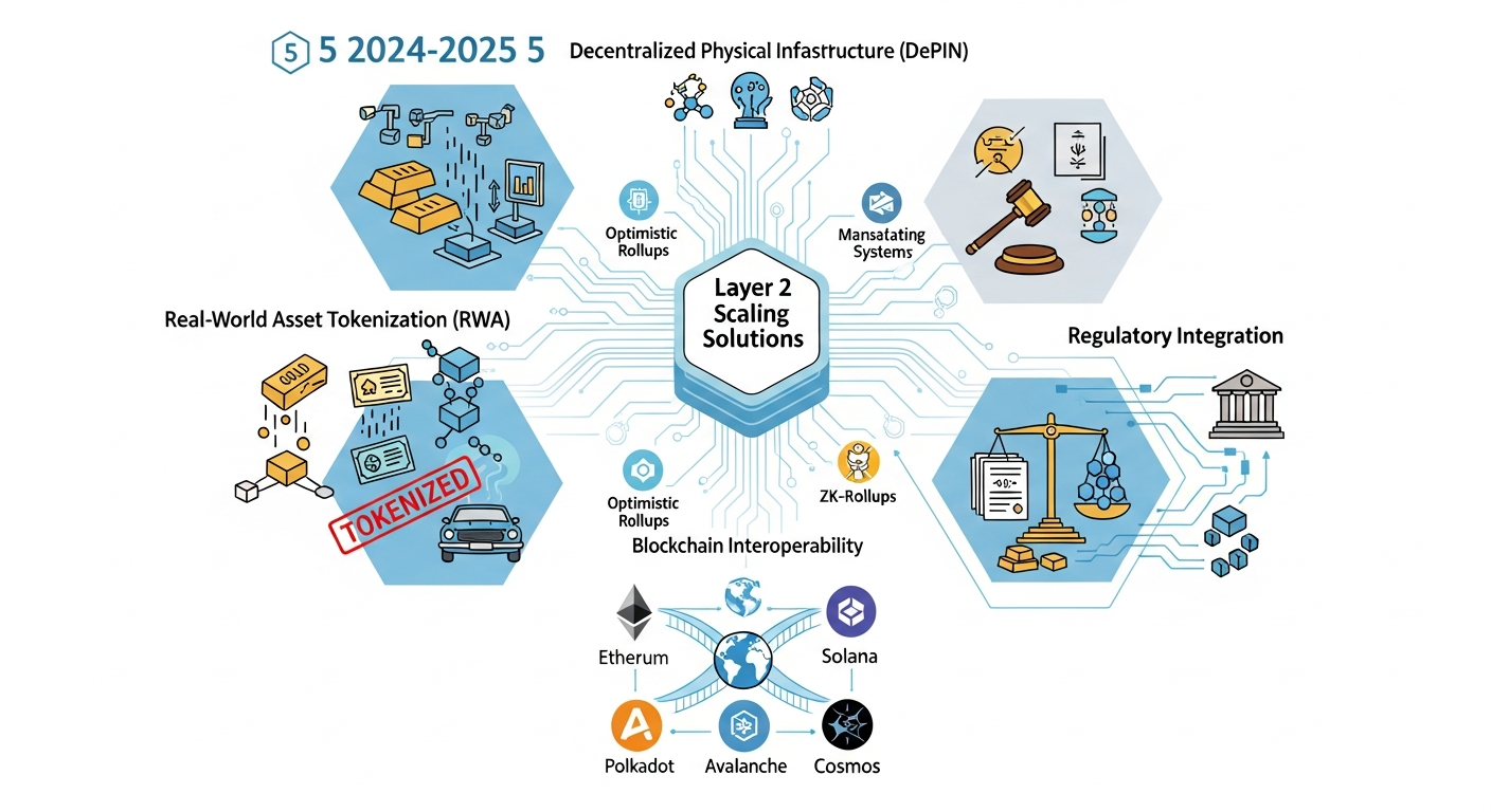 2024-2025년 주요 블록체인 핵심 트렌드 5가지를 시각화한 인포그래픽 이미지