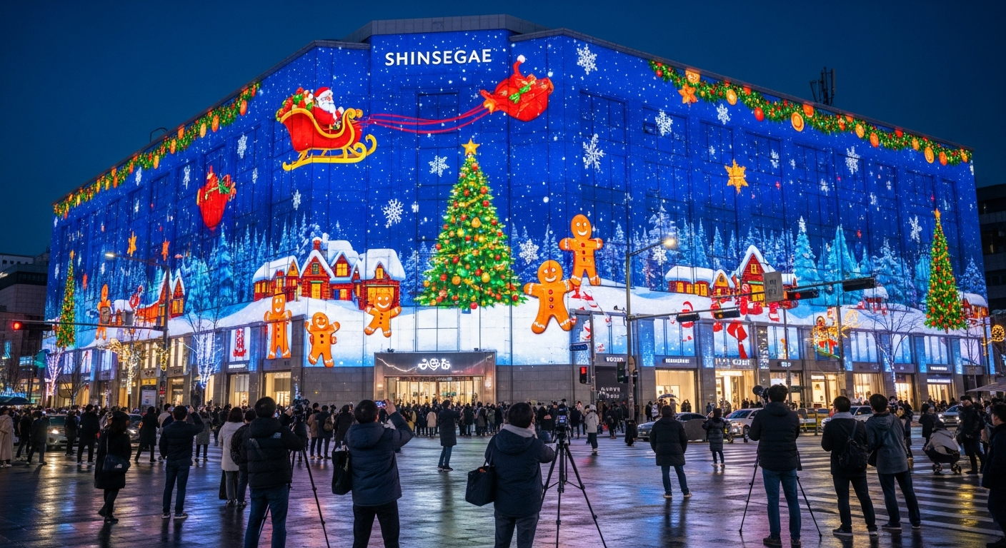 명동 신세계백화점 크리스마스 미디어 파사드 쇼와 관람객들