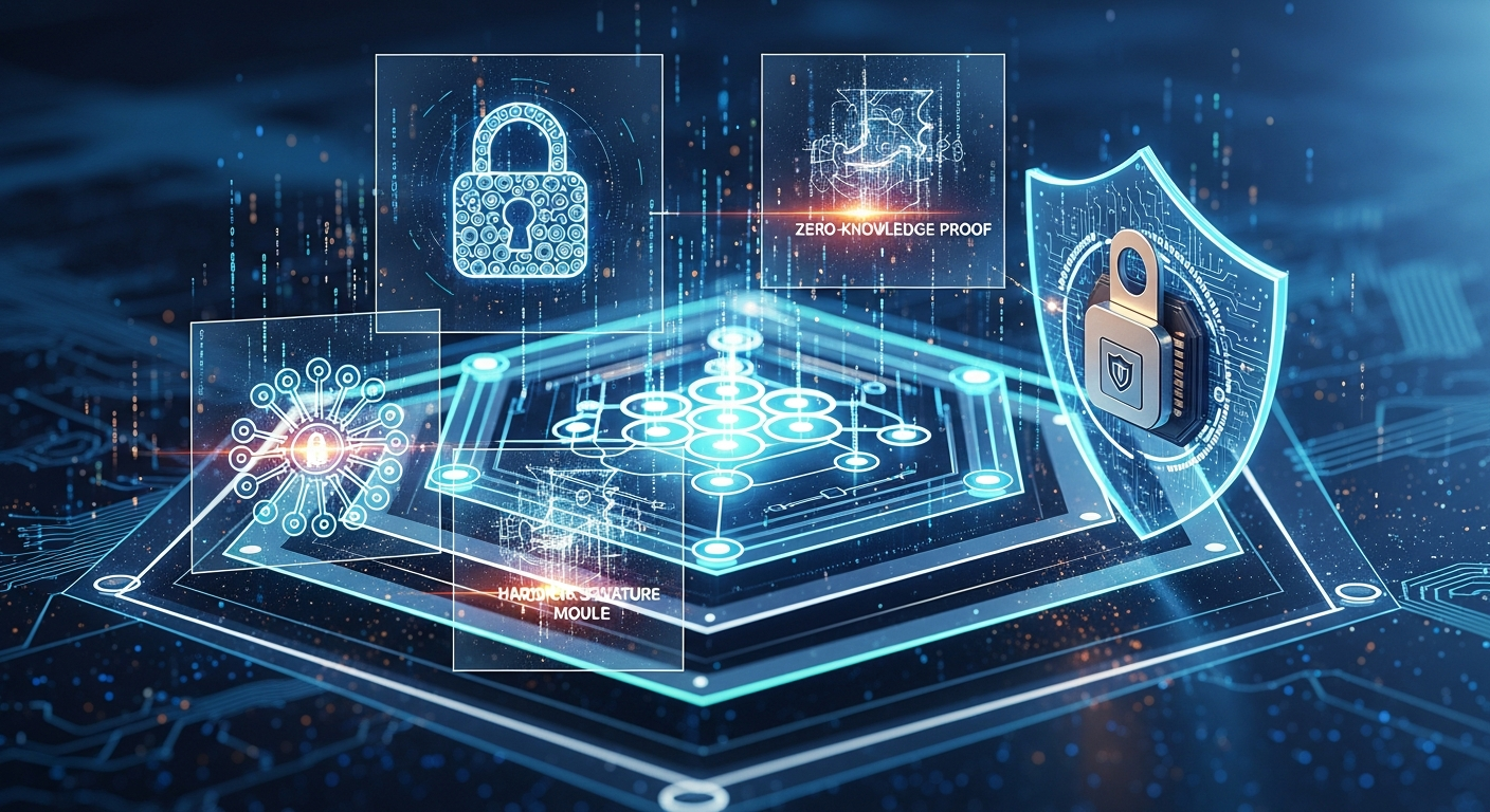다중서명 지갑, 영지식 증명, 하드웨어 보안 모듈 등 블록체인 보안 기술을 묘사한 이미지