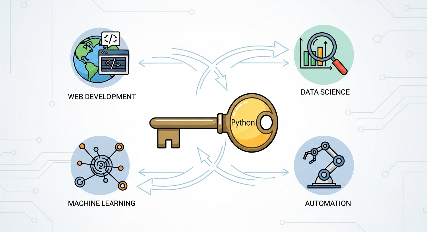파이썬의 압도적인 범용성과 다양한 분야 활용 예시를 표현한 인포그래픽