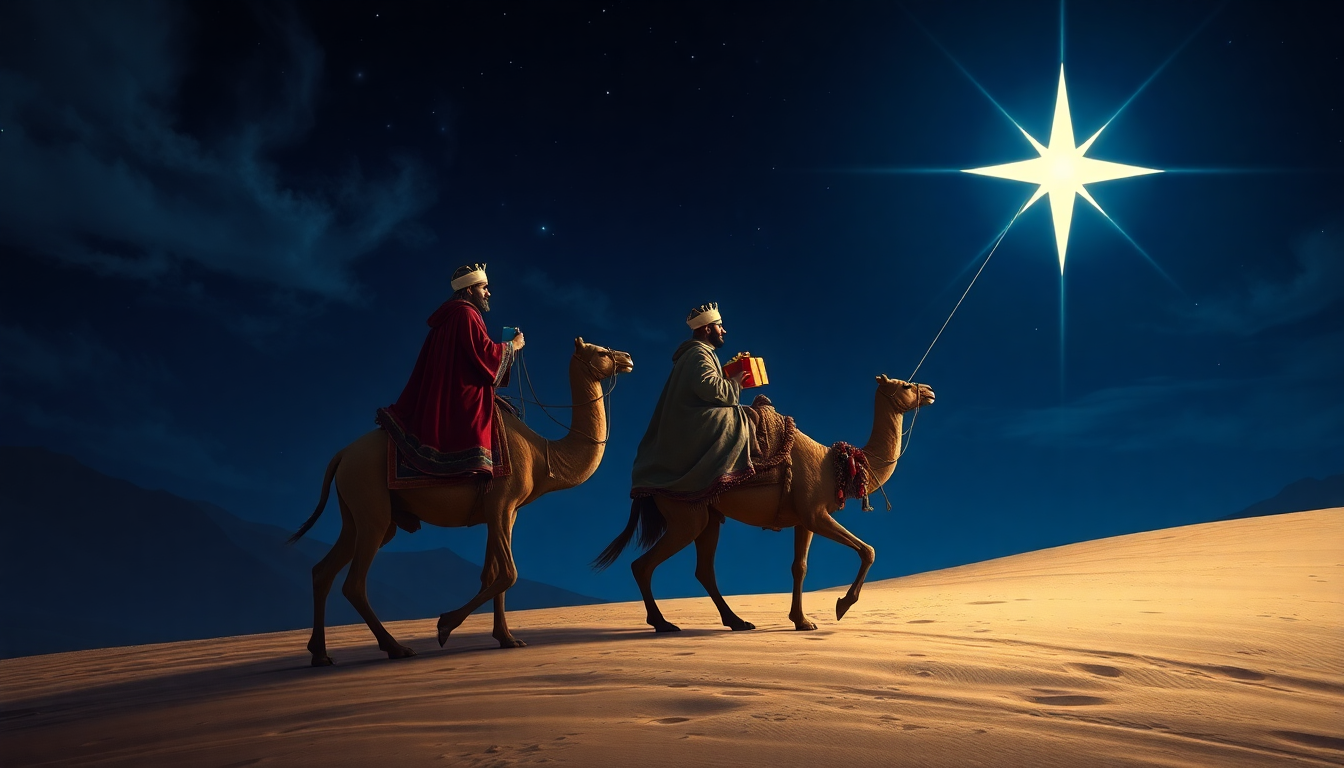 별빛을 따라 선물을 전달하는 동방박사 세 사람의 밤 장면