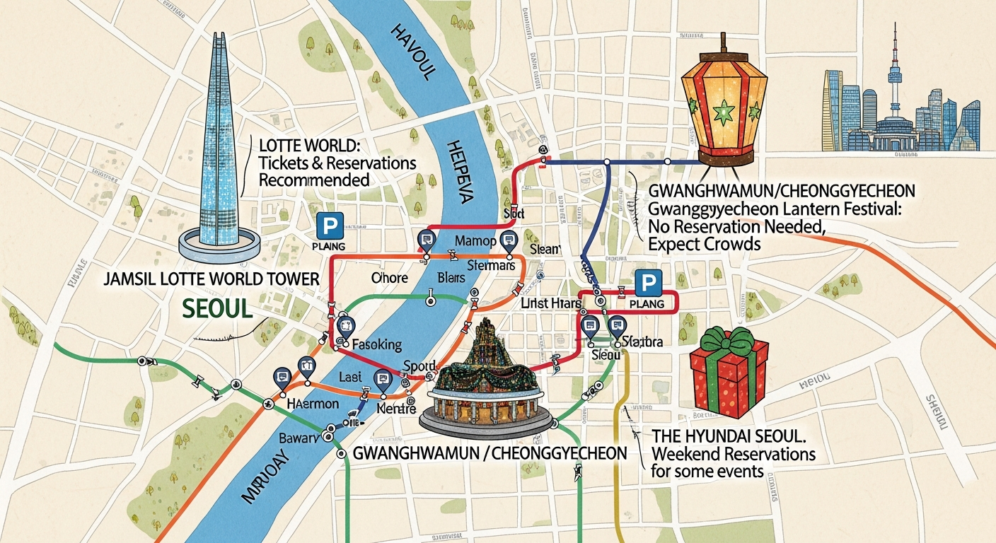 서울 주요 크리스마스 축제 장소별 교통, 주차, 예약 정보를 보여주는 지도와 안내 표