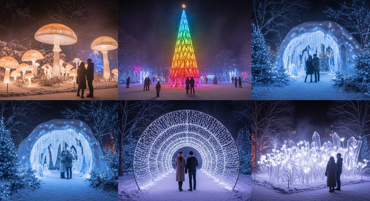 아침고요수목원의 오색별빛정원전 야경과 빛의 터널 모습