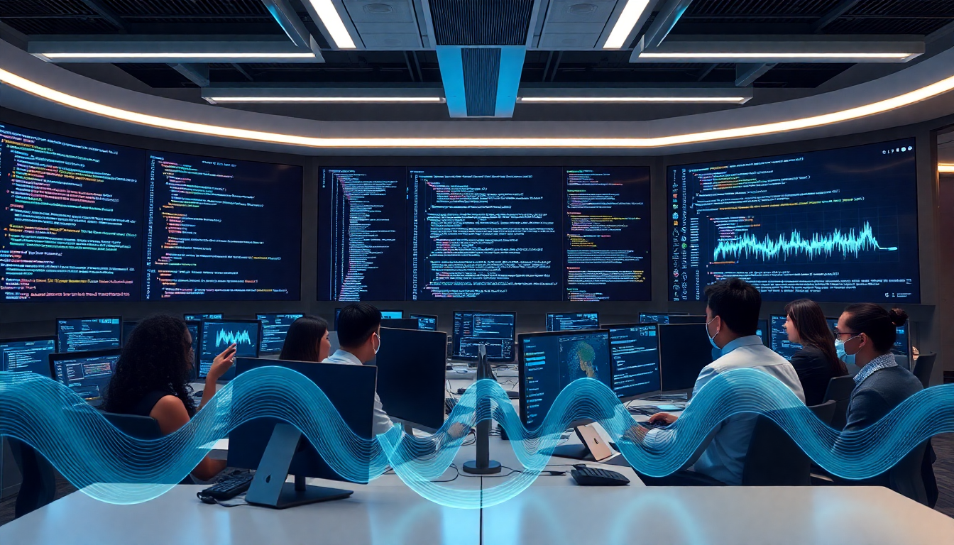 바이브 코딩 시대의 첨단 개발 환경을 나타내는 미래지향적 사무공간 이미지