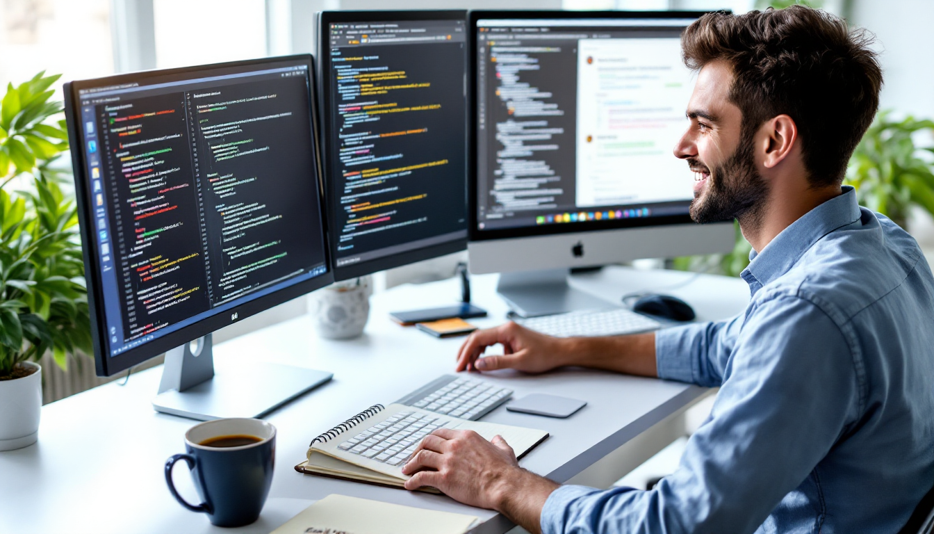 에러 메시지를 확인하며 코드를 디버깅하고, GitHub를 활용해 꾸준히 커밋하는 독학 성공 팁을 보여주는 개발자 모습