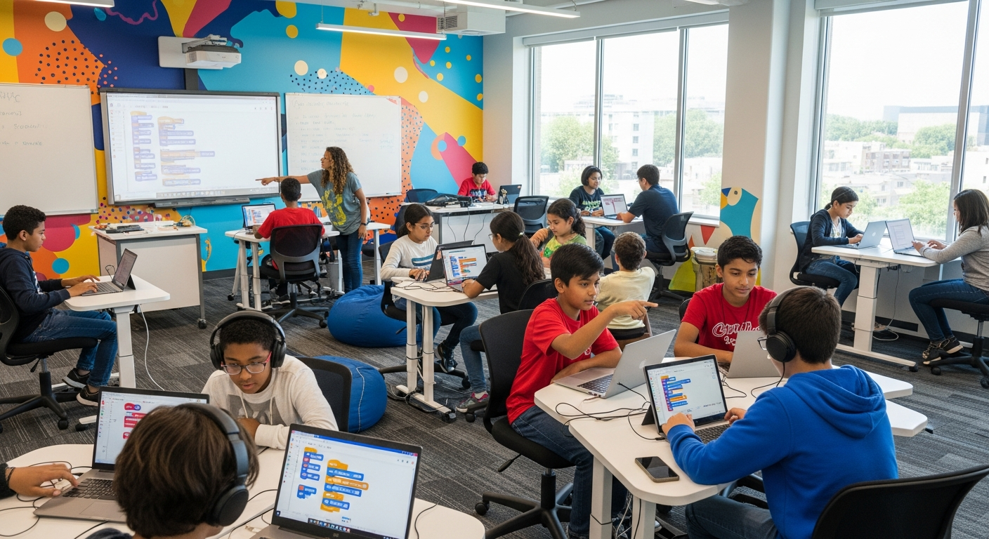 AI가 지원하는 바이브 코딩 도구를 활용해 코딩을 배우는 다양한 연령대 학생들이 있는 교실