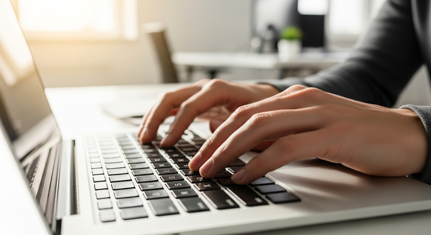 밝은 사무실에서 노트북 키보드를 타이핑하는 사람의 클로즈업 사진