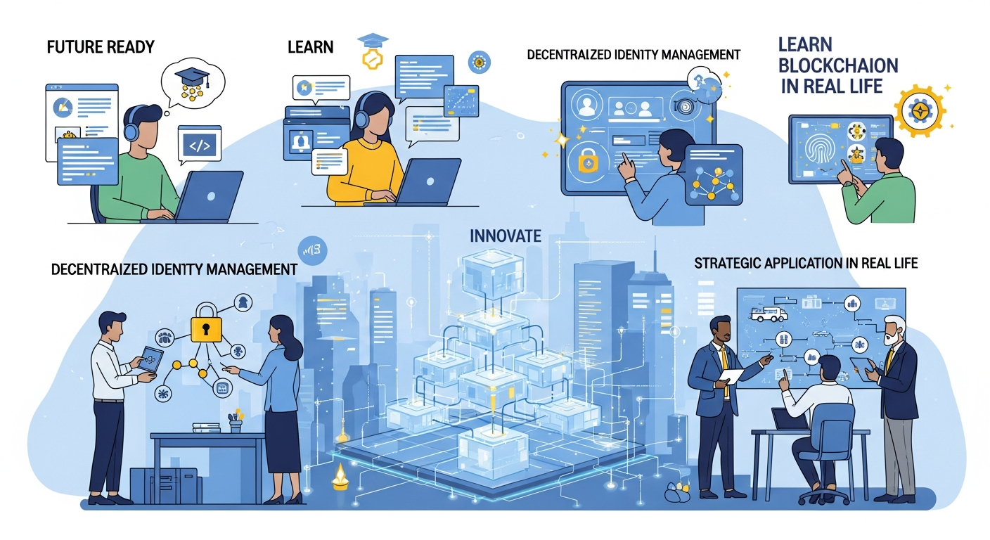 개인과 기업이 블록체인 시대를 준비하는 모습을 보여주는 교육과 활용 장면 이미지