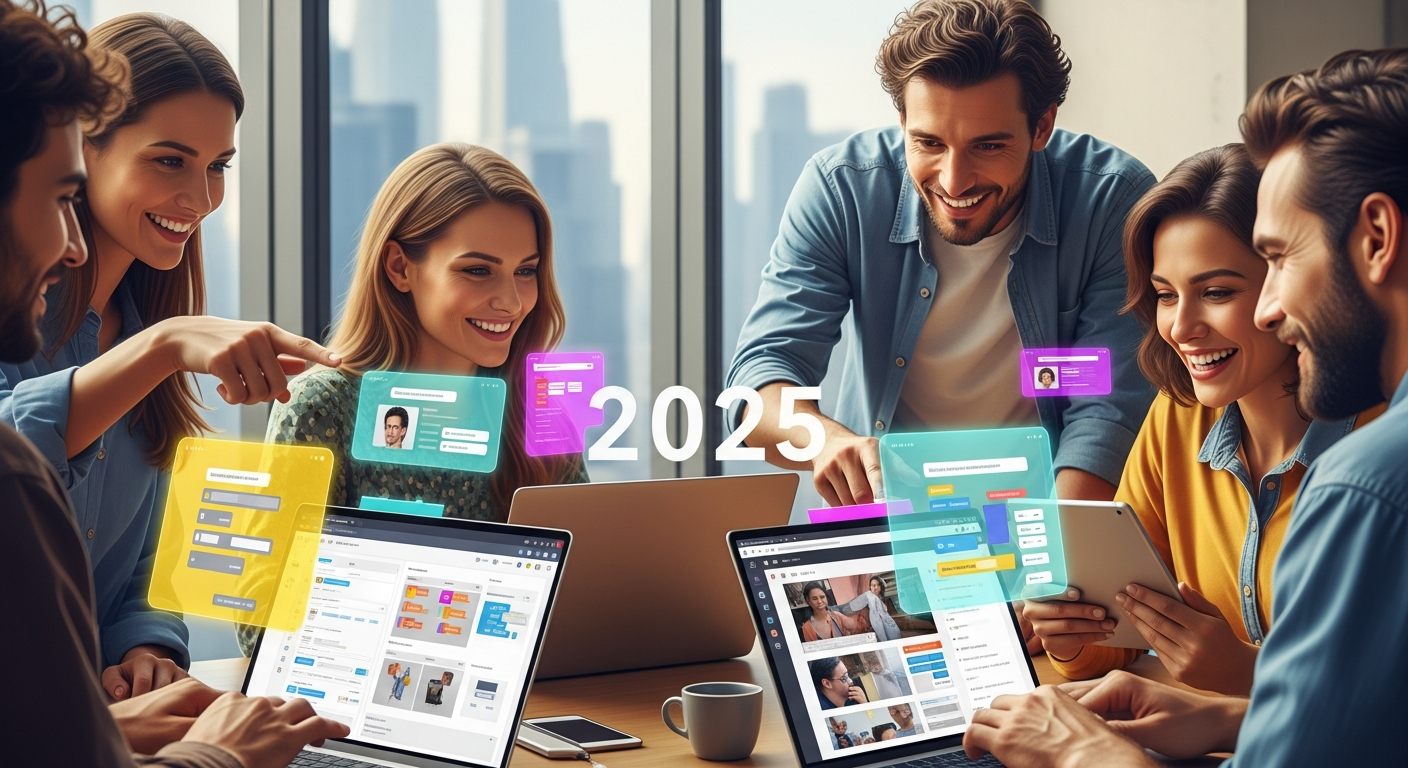 2025년 노코드로 홈페이지를 만드는 다양한 사람들이 노트북과 태블릿으로 작업하는 모습