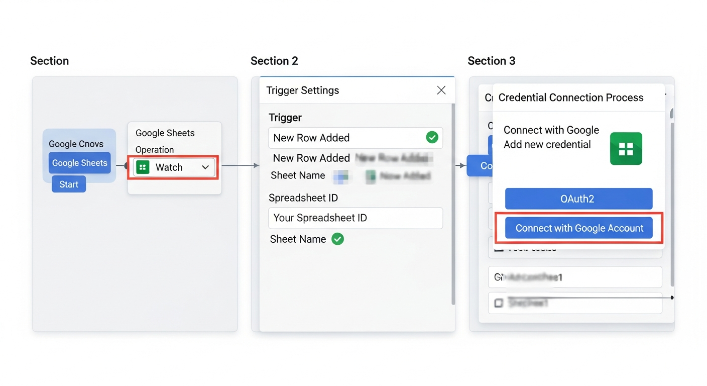 n8n에서 구글 시트 노드 설정과 행 추가 트리거를 설정하는 모습