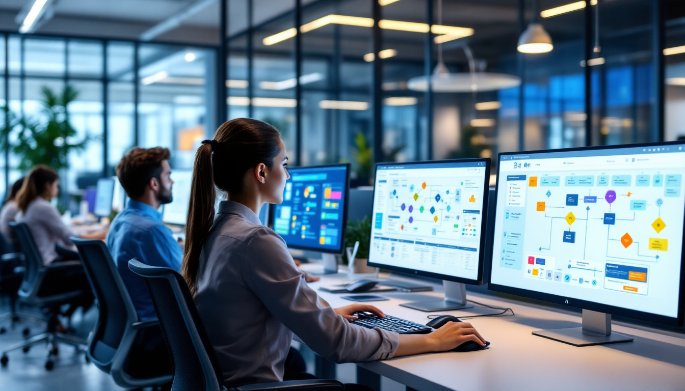 n8n 시각적 워크플로우 인터페이스를 사용하는 현대 사무실 환경