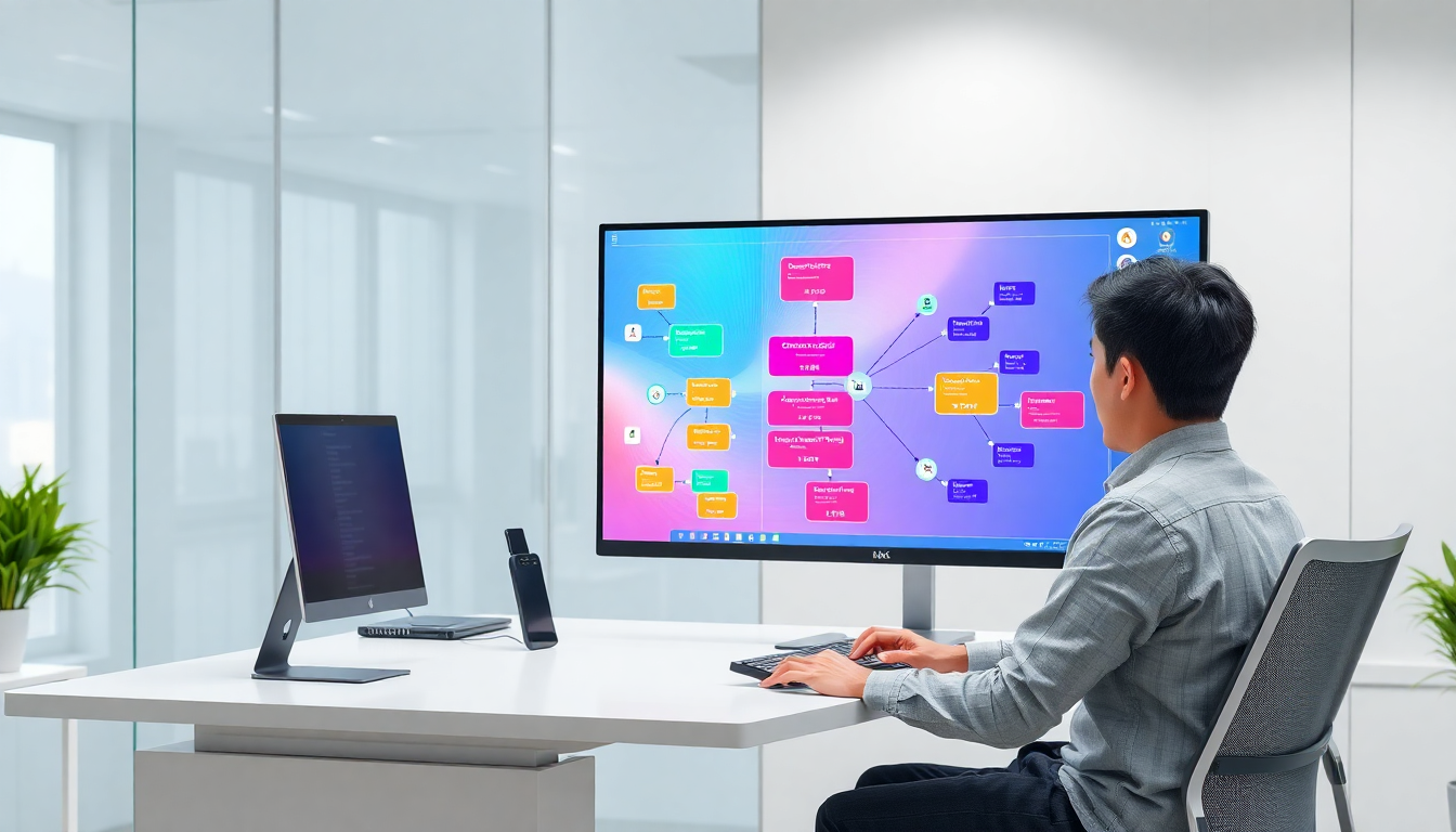한국인 개발자가 실사 스타일의 현대 오피스에서 노코드 자동화와 AI 에이전트 연동을 시각화한 흐름도 화면을 바라보는 모습