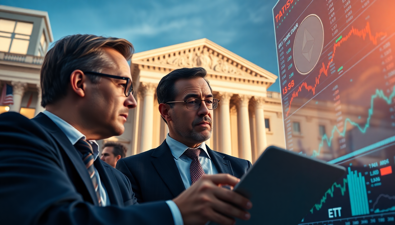 비트코인과 이더리움 ETF를 분석하는 기관 투자자와 미국 증권거래위원회 빌딩 배경