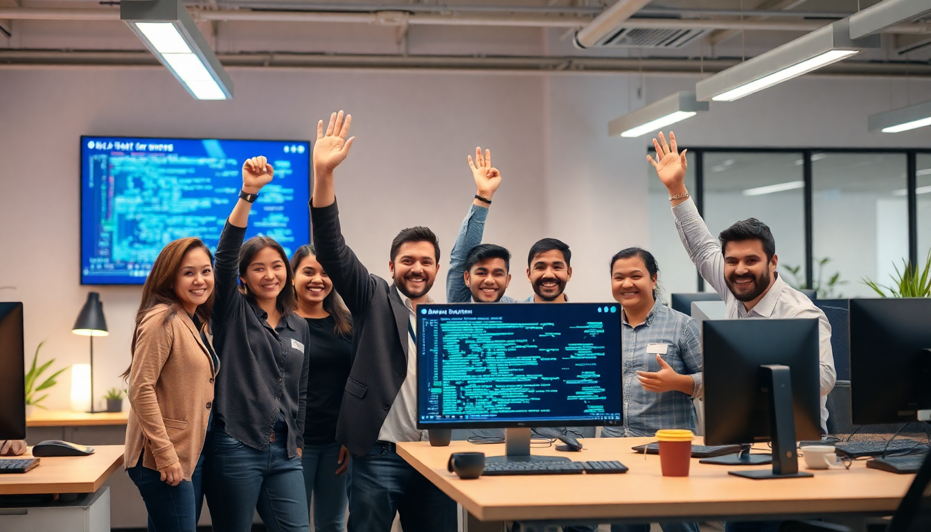 성공적인 바이브 코딩 프로젝트 달성과 팀워크를 상징하는 개발자 축하 이미지