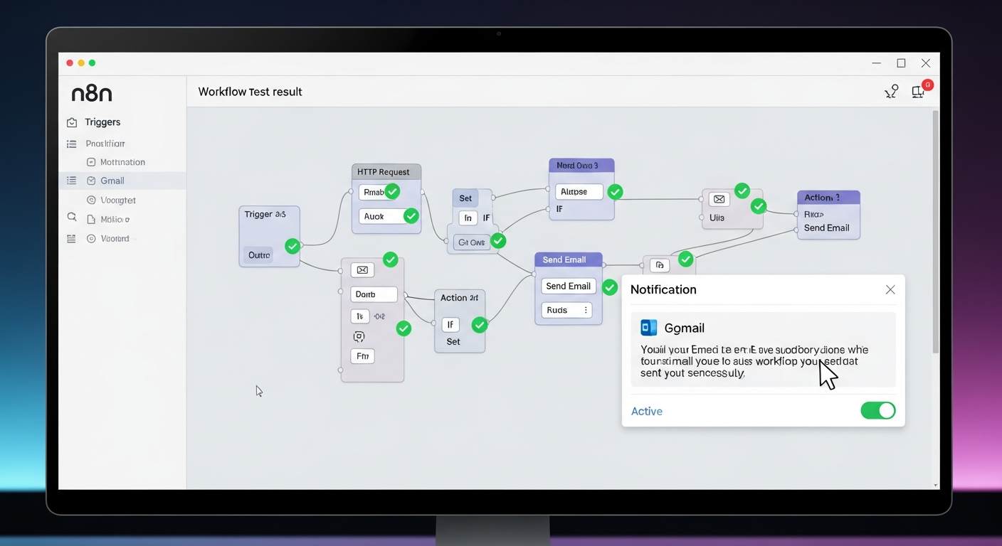 n8n에서 워크플로우 테스트 성공 화면과 활성화 버튼을 누르는 장면