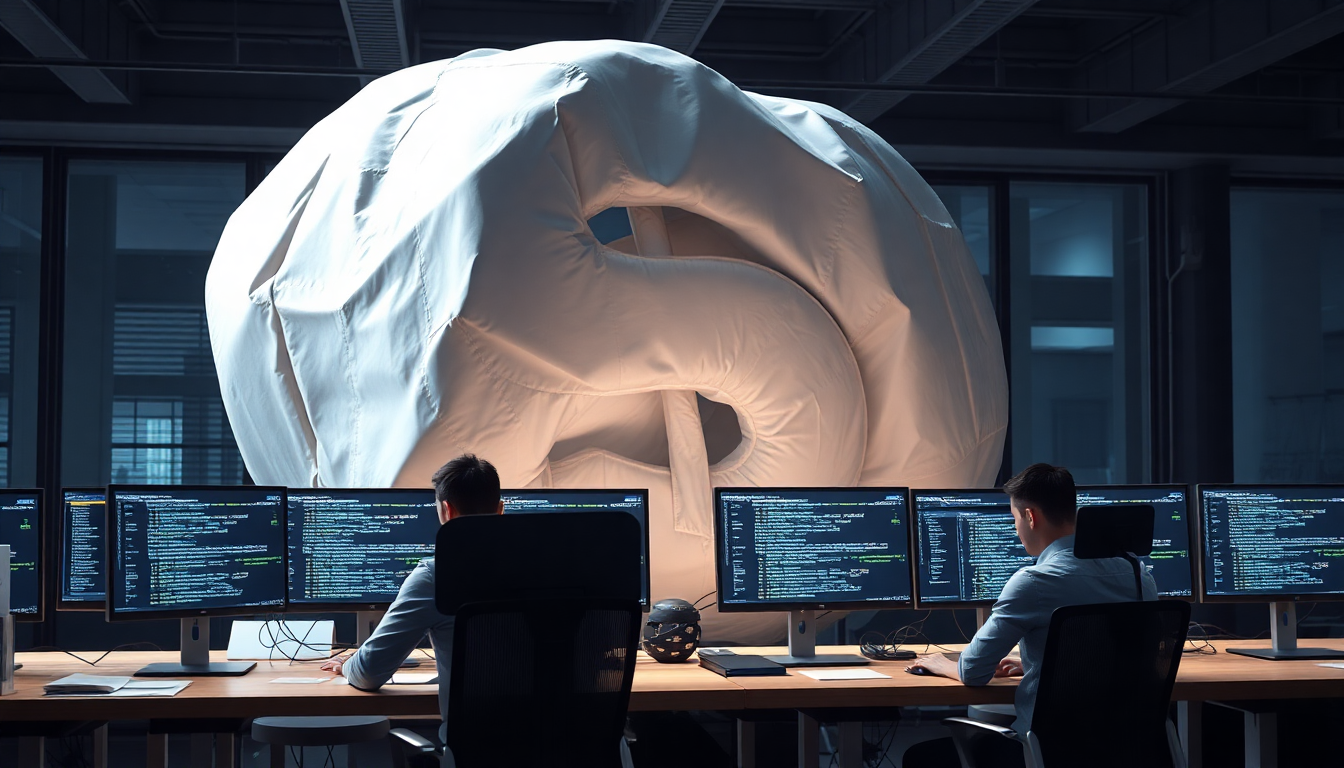 소프트웨어 개발팀 위에 보이지 않는 거대한 빚을 상징하는 기술 부채 이미지