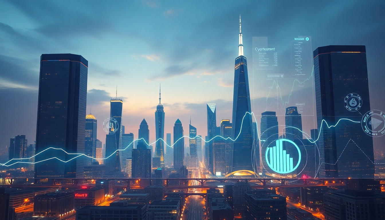 2025년 암호화폐 시장 변화를 나타내는 미래 금융 도시 풍경과 그래프