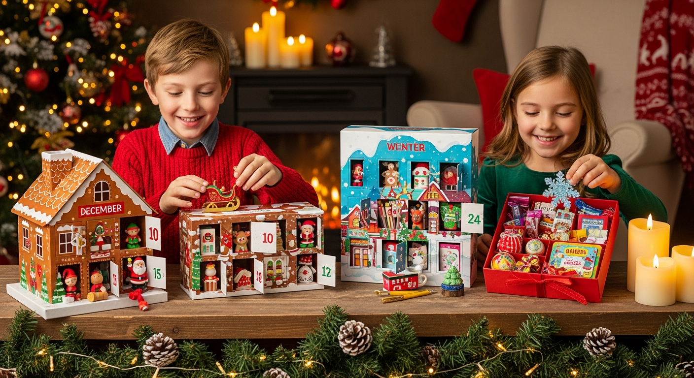 다양한 테마의 크리스마스 어드벤트 캘린더와 아이들이 선물을 받는 장면