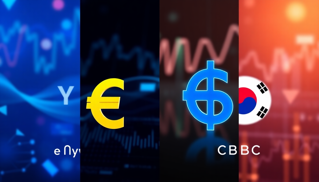 중국, 유럽, 미국, 한국의 디지털 화폐를 비교하는 시각적 이미지