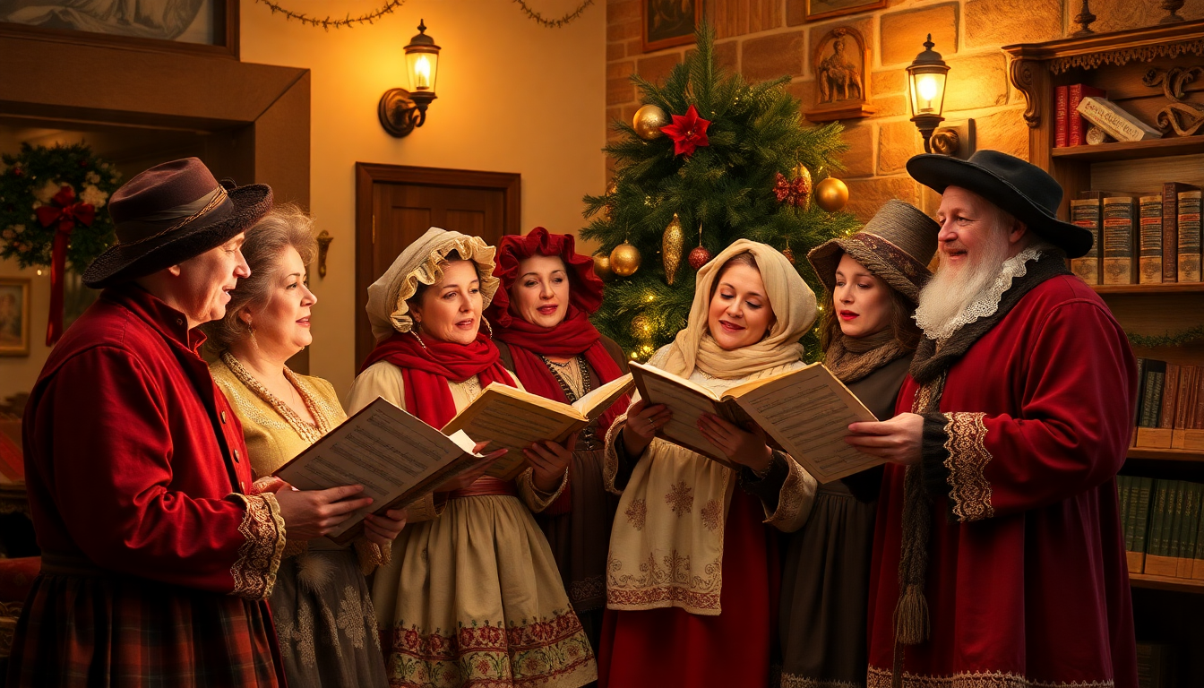 전통 크리스마스 캐롤 리스트와 고전 의상을 입고 있는 캐롤 부르는 사람들