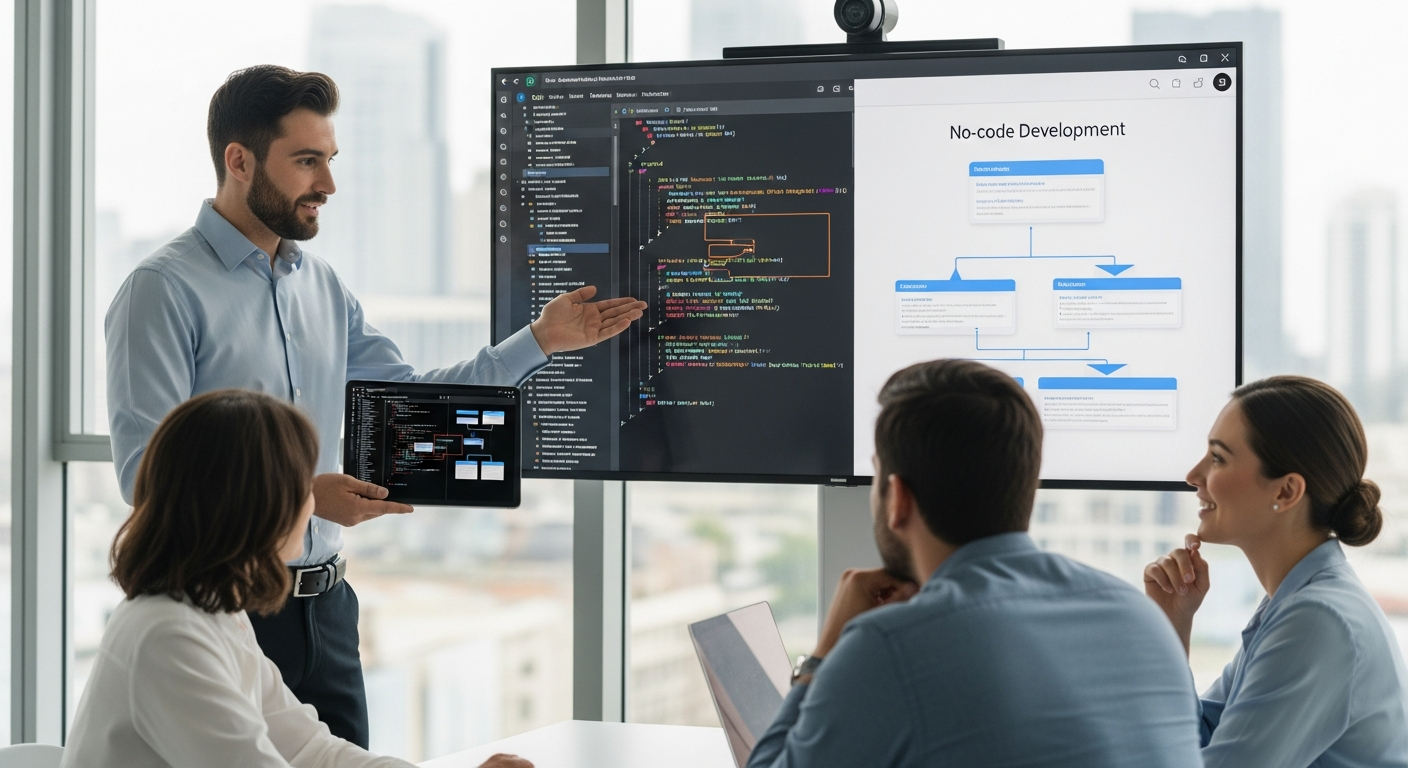 노코드와 커스텀 코드를 결합해 클라이언트와 소통하며 프로젝트를 성공적으로 완성하는 전문가 모습