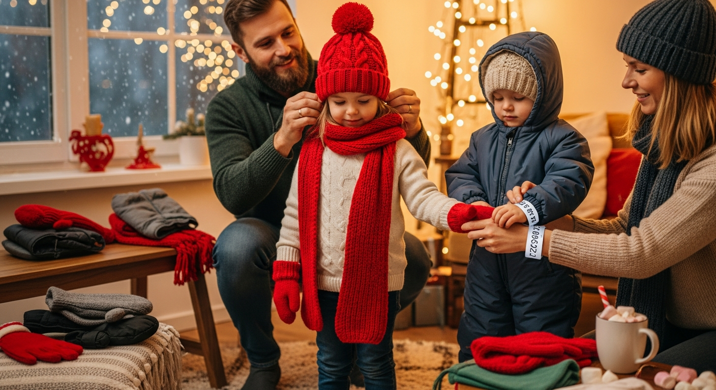 크리스마스 행사 방문을 위한 따뜻한 옷차림과 아이 안전 준비 모습