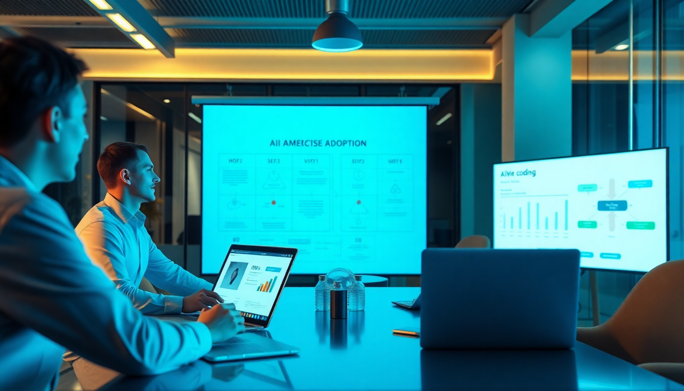 바이브 코딩 도입을 위한 단계별 실행 계획과 조직 내 협력 과정을 나타내는 회의 이미지