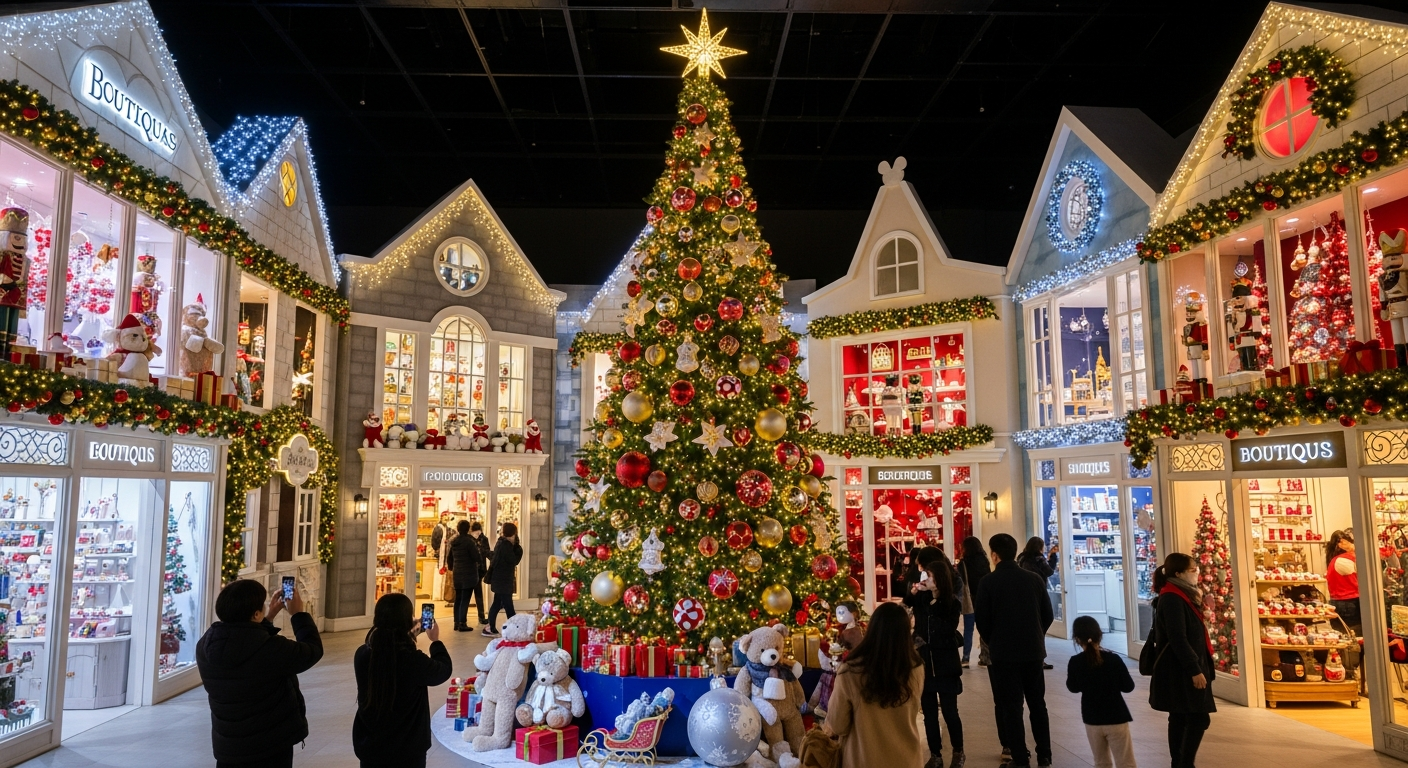 더현대 서울 실내 크리스마스 마켓의 대형 트리와 동화 같은 상점들
