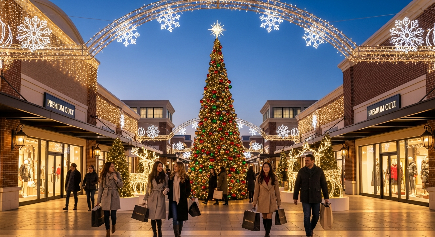 프리미엄 아울렛의 겨울 일루미네이션과 대형 트리 쇼핑 풍경