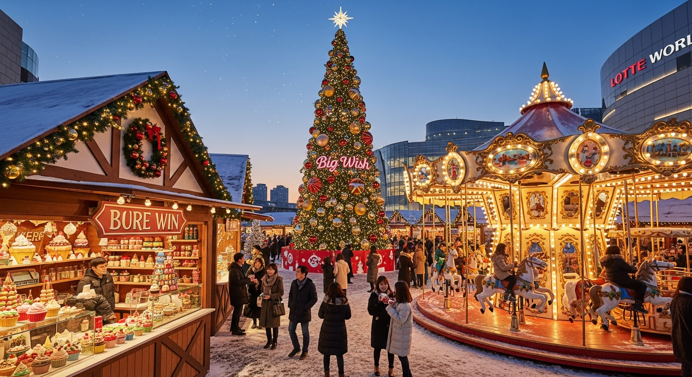 롯데월드몰 앞 야외 크리스마스 마켓과 대형 트리 회전목마 풍경