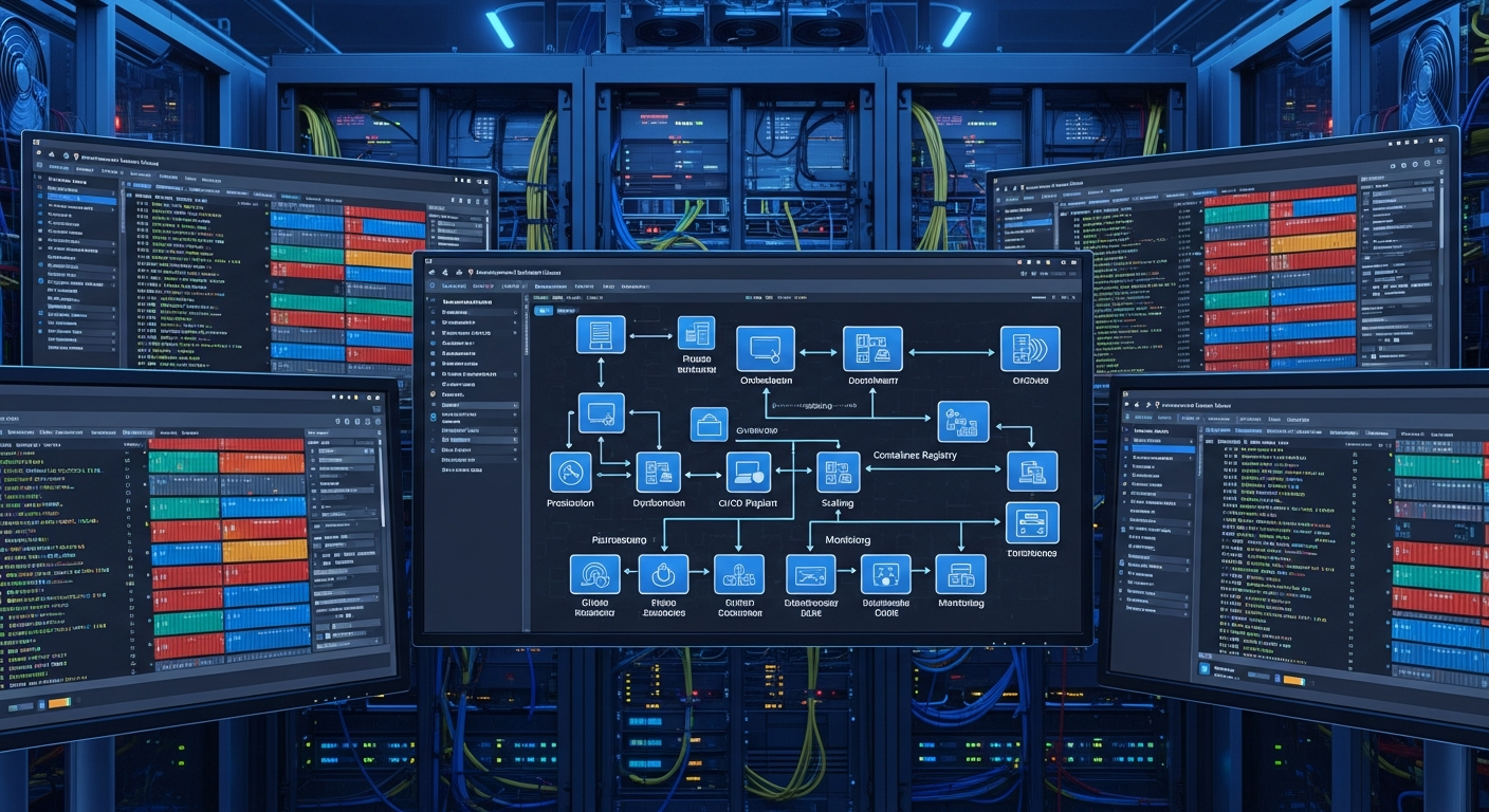 Docker 컨테이너가 실행 중인 서버룸과 자동화 플랫폼 서버 호스팅 설정 다이어그램