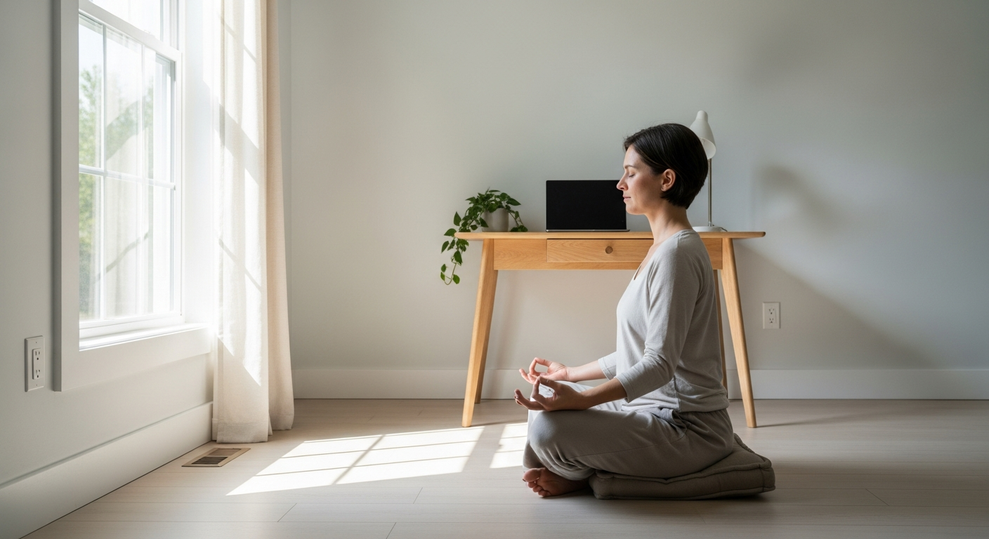 밝은 자연광이 들어오는 미니멀한 홈 오피스에서 명상하는 사람의 사진