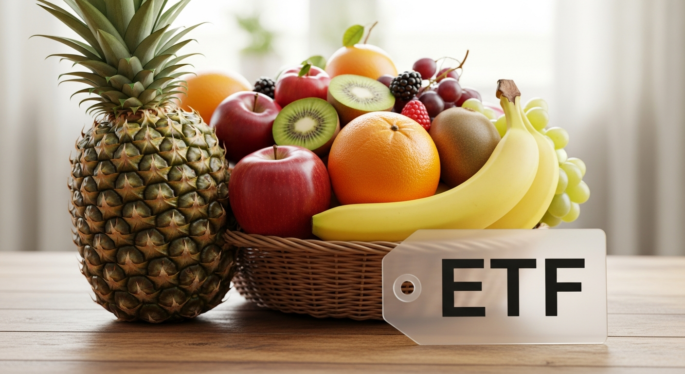 분산투자를 상징하는 과일 바구니와 블록체인 ETF를 표현한 이미지