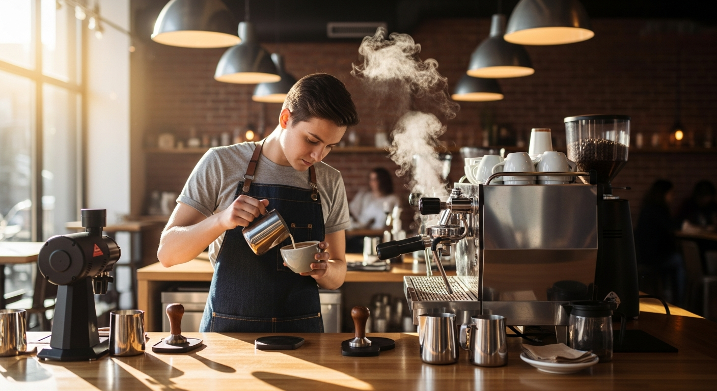 현대 커피숍에서 라떼 아트를 올린 커피를 준비하는 바리스타의 사진
