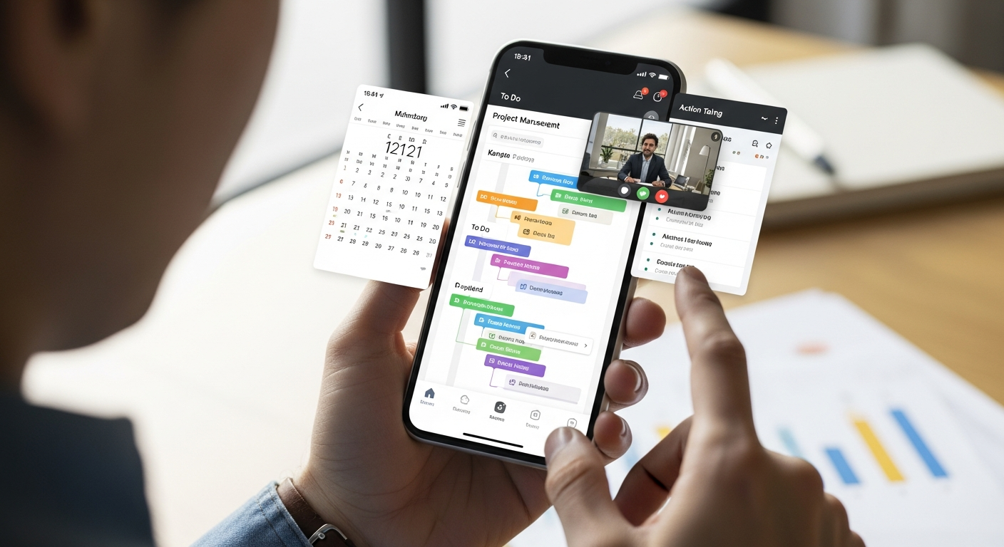 생산성 앱을 사용하는 스마트폰을 조작하는 사람의 사진