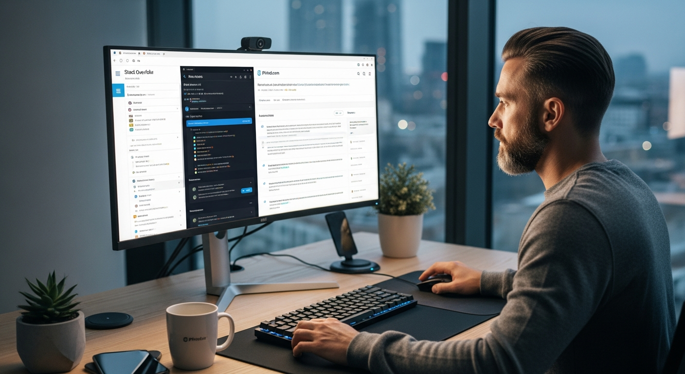 Stack Overflow 등 질문과 답변 사이트에서 문제를 해결하는 개발자 모습
