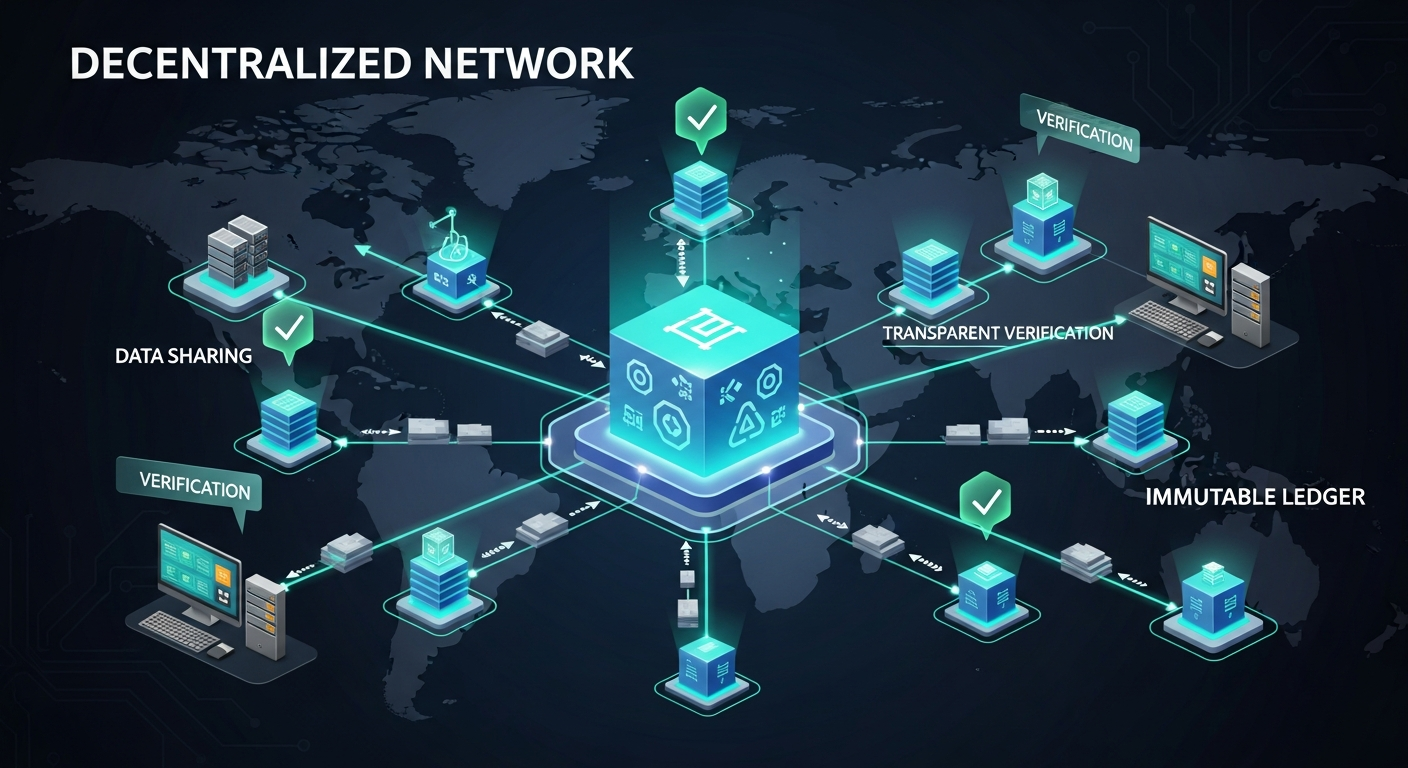 투명하게 데이터를 공유하고 검증하는 분산형 블록체인 네트워크 설명 이미지