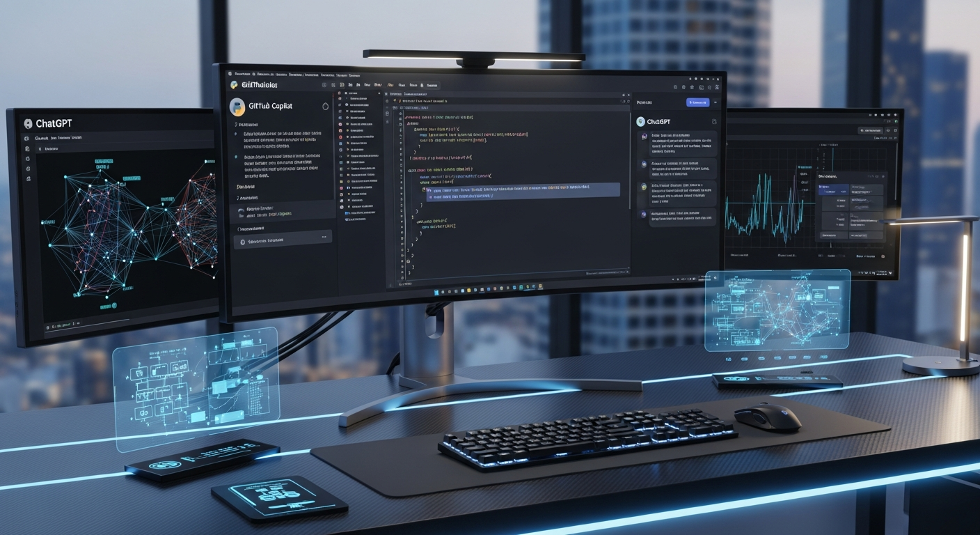 GitHub Copilot과 ChatGPT 같은 AI 코딩 도구와 협업하는 미래지향적 개발자 작업 공간
