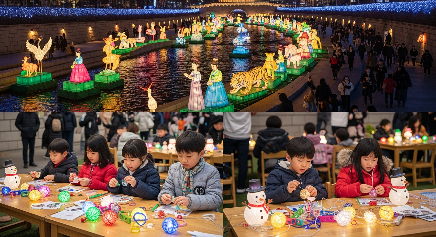 광화문과 청계천 일대에서 열리는 서울빛초롱축제의 빛 조형물과 어린이 체험 공간 모습